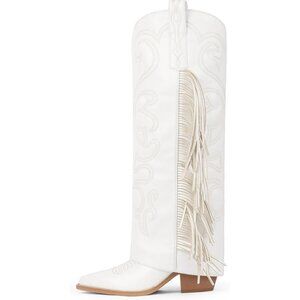 Women's White Knee High Fold Over Fringe Western Embroidery Pointy Toe Chunky